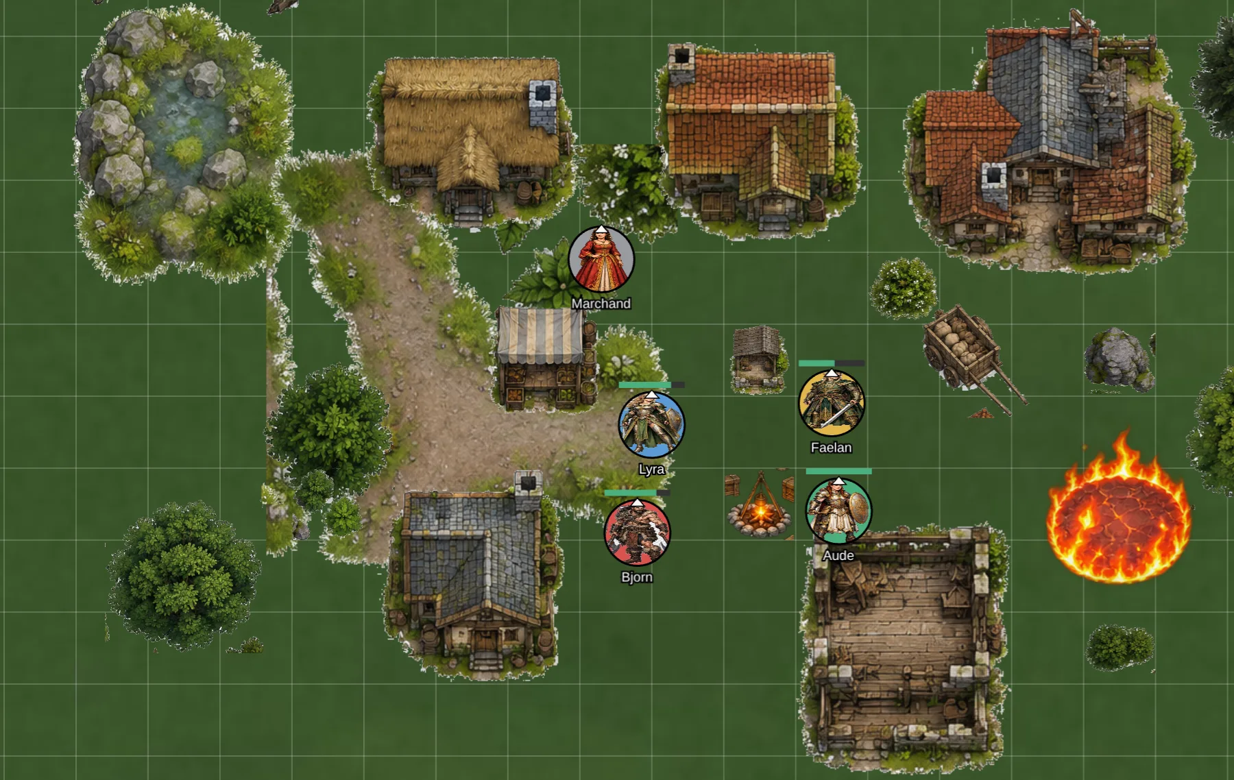 A Striped Dice table: scenery, tokens with their hit points, the grid, and a spell that just went off.