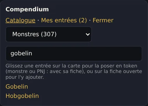 Monstres, sorts et objets à portée de main