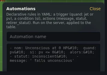 A YAML automation: when HP drops to zero, the “unconscious” status is applied.