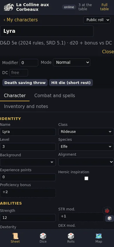Sheet tab: the whole character, its roll buttons.