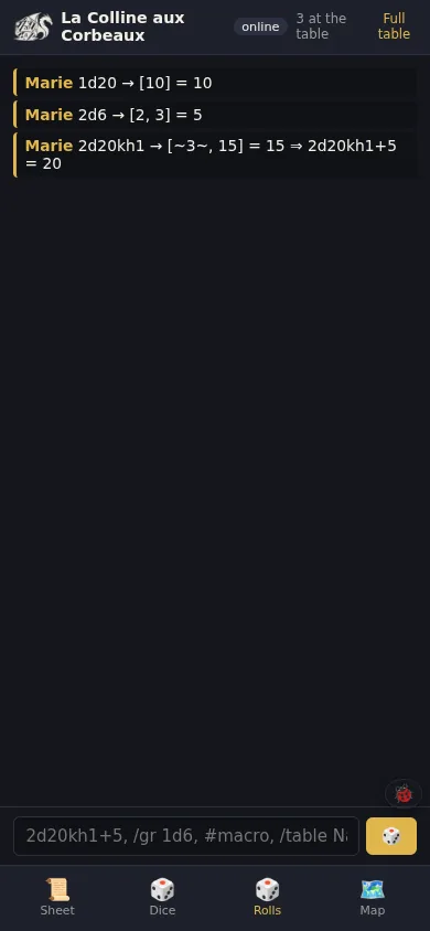 Rolls tab: the table feed in real time.