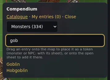 The system compendium: drag a monster onto the map, it arrives with its sheet.