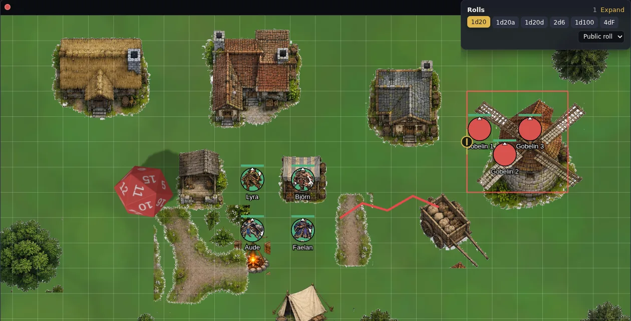 3D dice roll across the map on every roll.