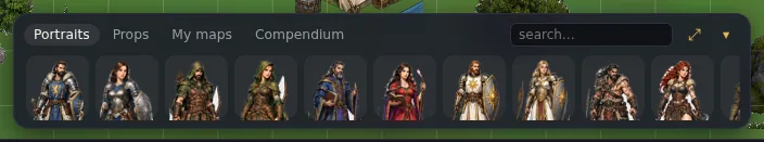 The dock portraits: a click creates a token, a drag places it.