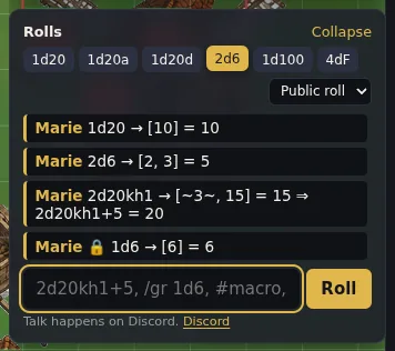 The Rolls panel: quick dice, roll mode and the table feed.