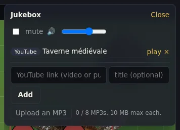 The jukebox: YouTube links and uploaded MP3s, shared with the whole table.