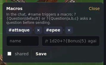The Macros panel: #attack rolls the macro, with its prompts if any.
