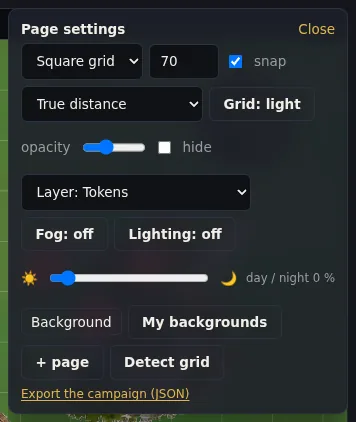 The page settings, with the campaign export at the bottom.