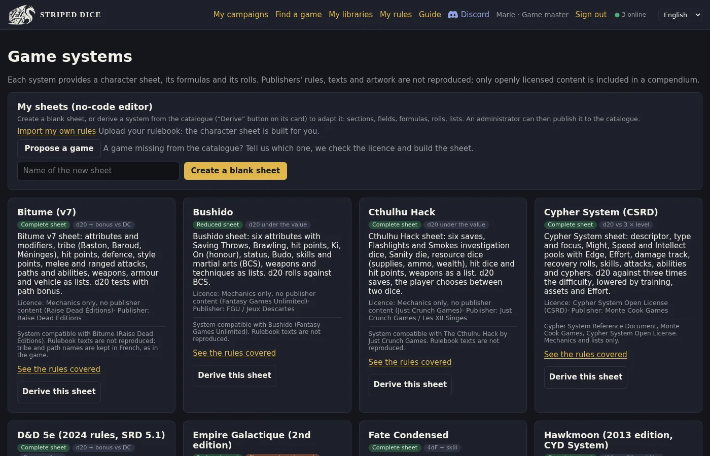 The Game systems page: the catalogue, your sheets and the “Propose a game” form.