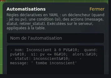 Une automatisation en YAML : quand les PV tombent à zéro, le statut « inconscient » est posé.