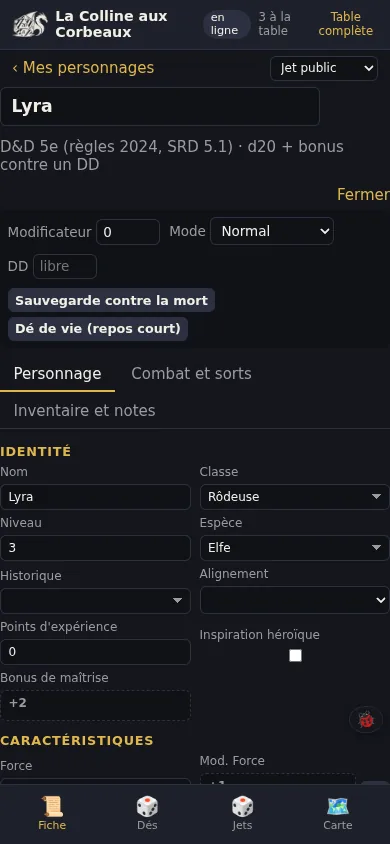 Onglet Fiche : le personnage entier, ses boutons de jet.