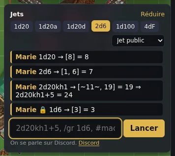 Le panneau Jets : dés rapides, mode de jet et le fil de la table.