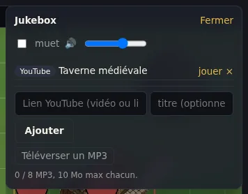 La jukebox : liens YouTube et MP3 téléversés, partagés à toute la table.