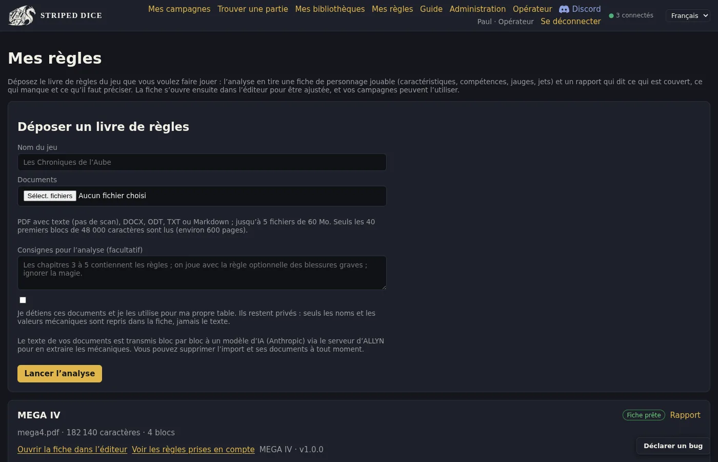 Mes règles : déposez un livre, l’analyse construit la fiche et son rapport.