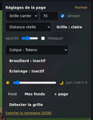 Les réglages de la page, avec l’export de la campagne en bas.