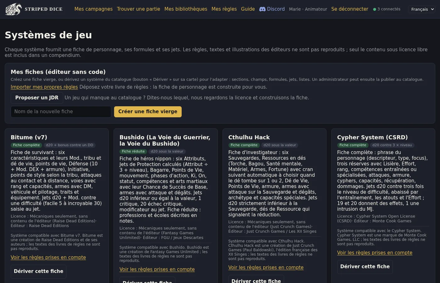 La page Systèmes de jeu : le catalogue, vos fiches et le formulaire « Proposer un JDR ».
